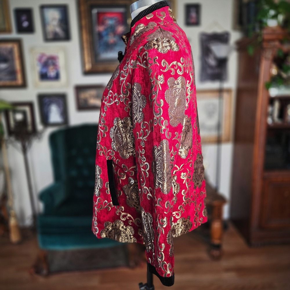 Qingguonushen Red Gold Brocade Jacket Vintage Style Frog Closure Quilted Coat XL - Picture 5 of 6
